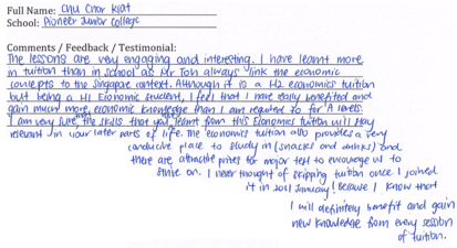 Handwritten ETG economics student testimonial, 2012