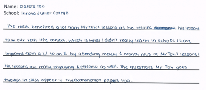 Handwritten ETG economics student testimonial, 2015