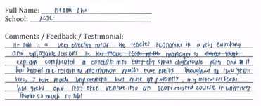 Handwritten ETG economics student testimonial, 2015