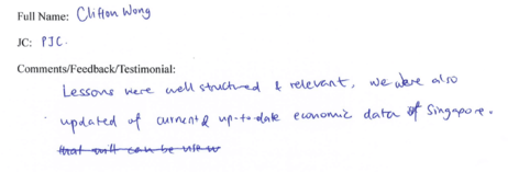 Handwritten ETG economics student testimonial, 2008