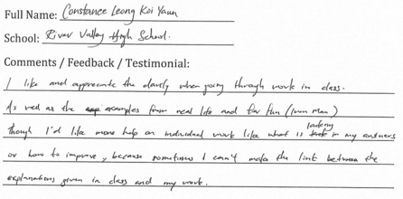 Handwritten ETG economics student testimonial, 2010
