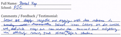 Handwritten ETG economics student testimonial, 2012