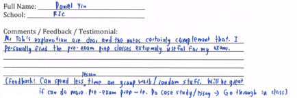 Handwritten ETG economics student testimonial, 2014
