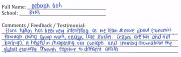 Handwritten ETG economics student testimonial, 2014