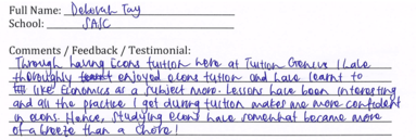 Handwritten ETG economics student testimonial, 2015