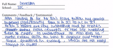 Handwritten ETG economics student testimonial, 2015