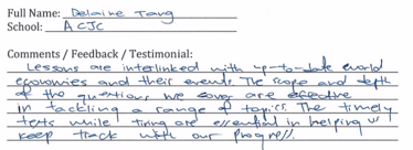 Handwritten ETG economics student testimonial, 2014