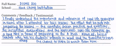 Handwritten ETG economics student testimonial, 2015