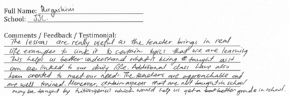Handwritten ETG economics student testimonial, 2014
