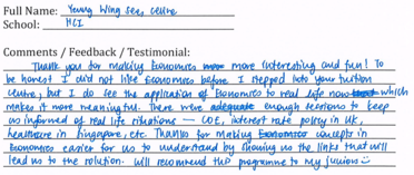 Handwritten ETG economics student testimonial, 2015