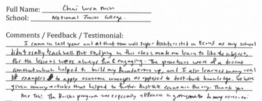 Handwritten ETG economics student testimonial, 2014