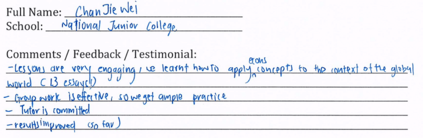 Handwritten ETG economics student testimonial, 2012