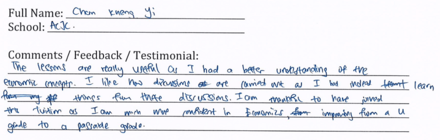 Handwritten ETG economics student testimonial, 2012