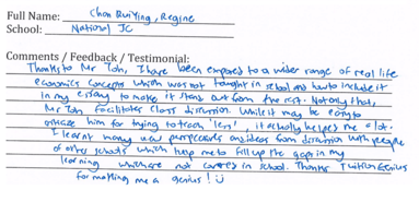 Handwritten ETG economics student testimonial, 2015