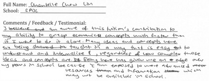 Handwritten ETG economics student testimonial, 2014