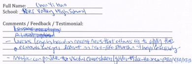 Handwritten ETG economics student testimonial, 2012