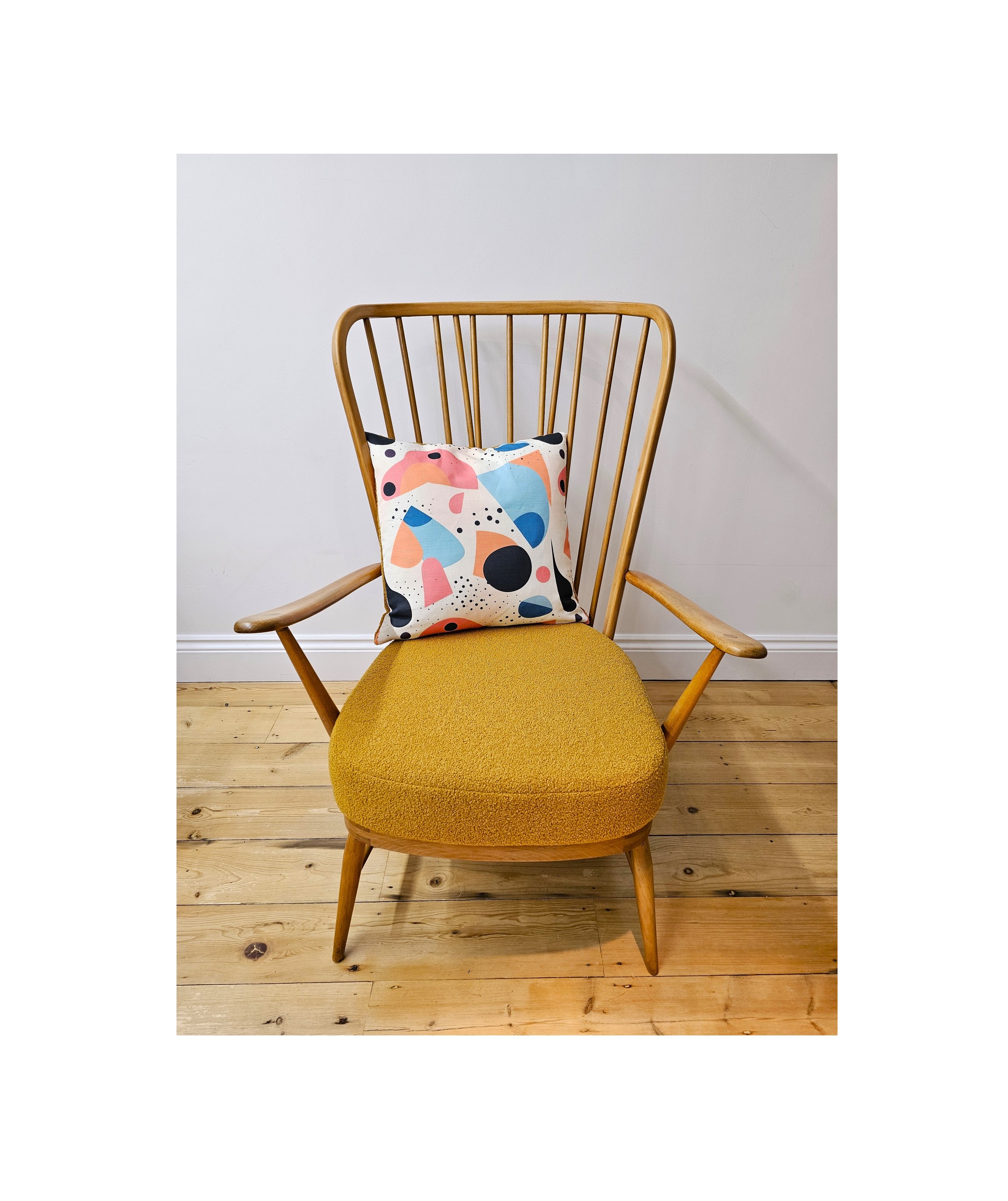 Ercol 478 Chair with Mustard Boucle Cushion and Optional Scatter Cushion