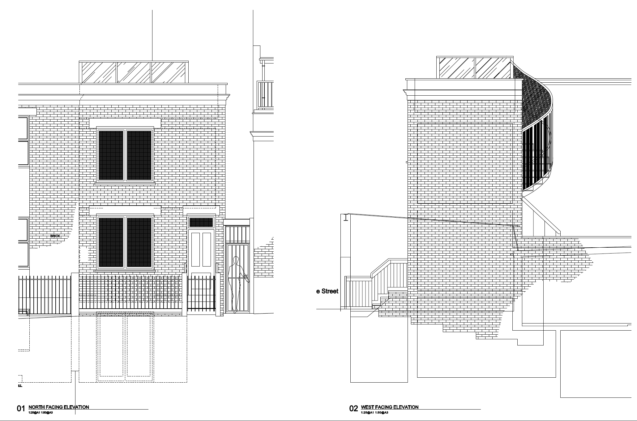 Front and side elevation show how the site size meant that clever use of levels was required to create the required internal and external spaces.