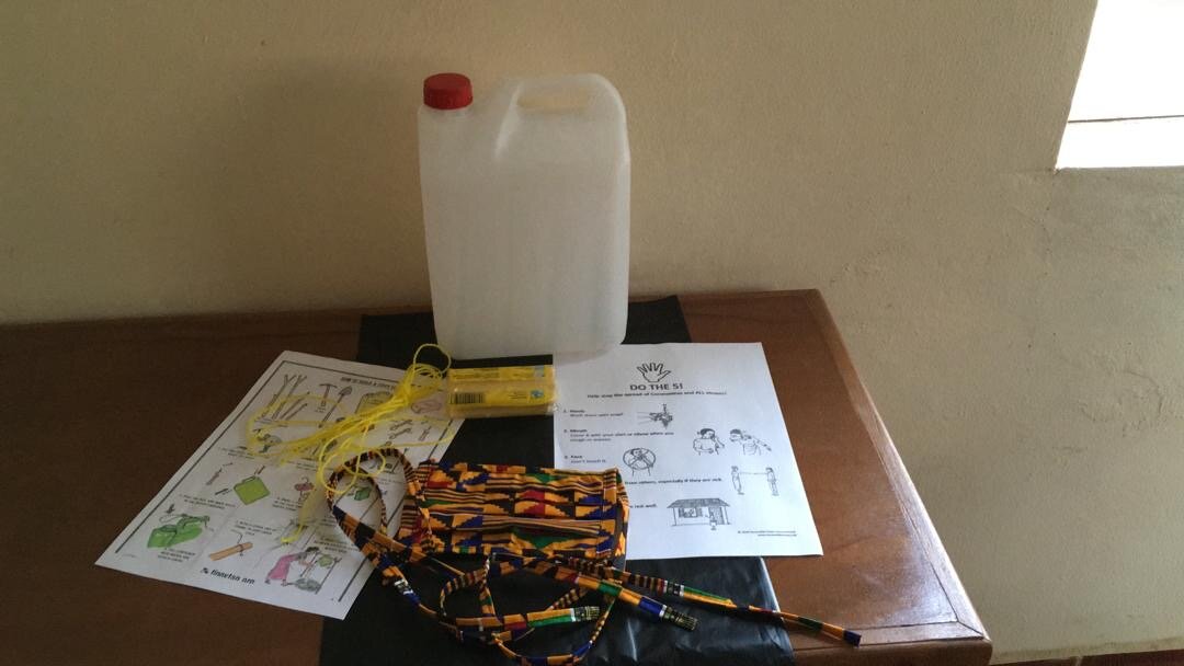 Health &amp; Hygiene Kit Components - Tippy Tap Components; Bar of Soap; Face Mask; Prevention Flyer; Tippy Tap Instructions