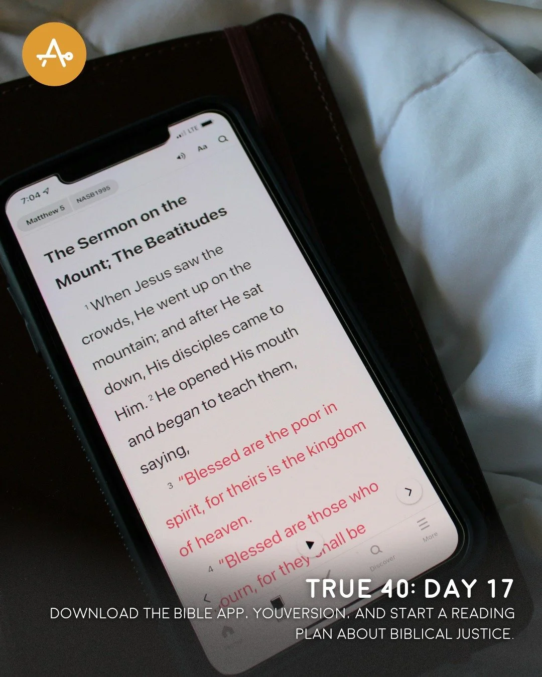 Day 17 True 40 Challenge: Download the Bible app, YouVersion, and start a reading plan about biblical justice.

"He loves righteousness and justice; the earth is full of the steadfast love of the LORD." Psalm 33:5 #AHI #AccessibleHope #Lent