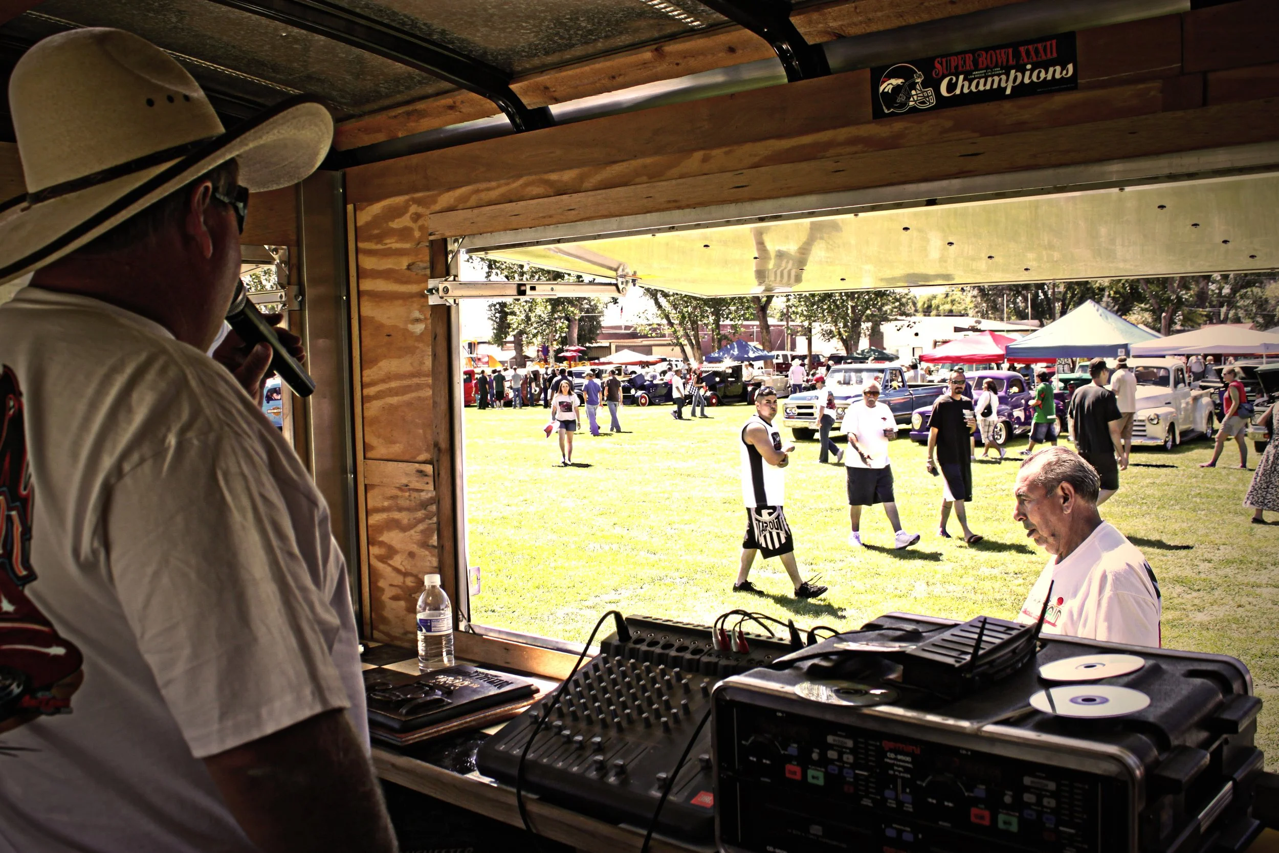 Jeff Woodward in his perch Announcing at the Early Iron Festival