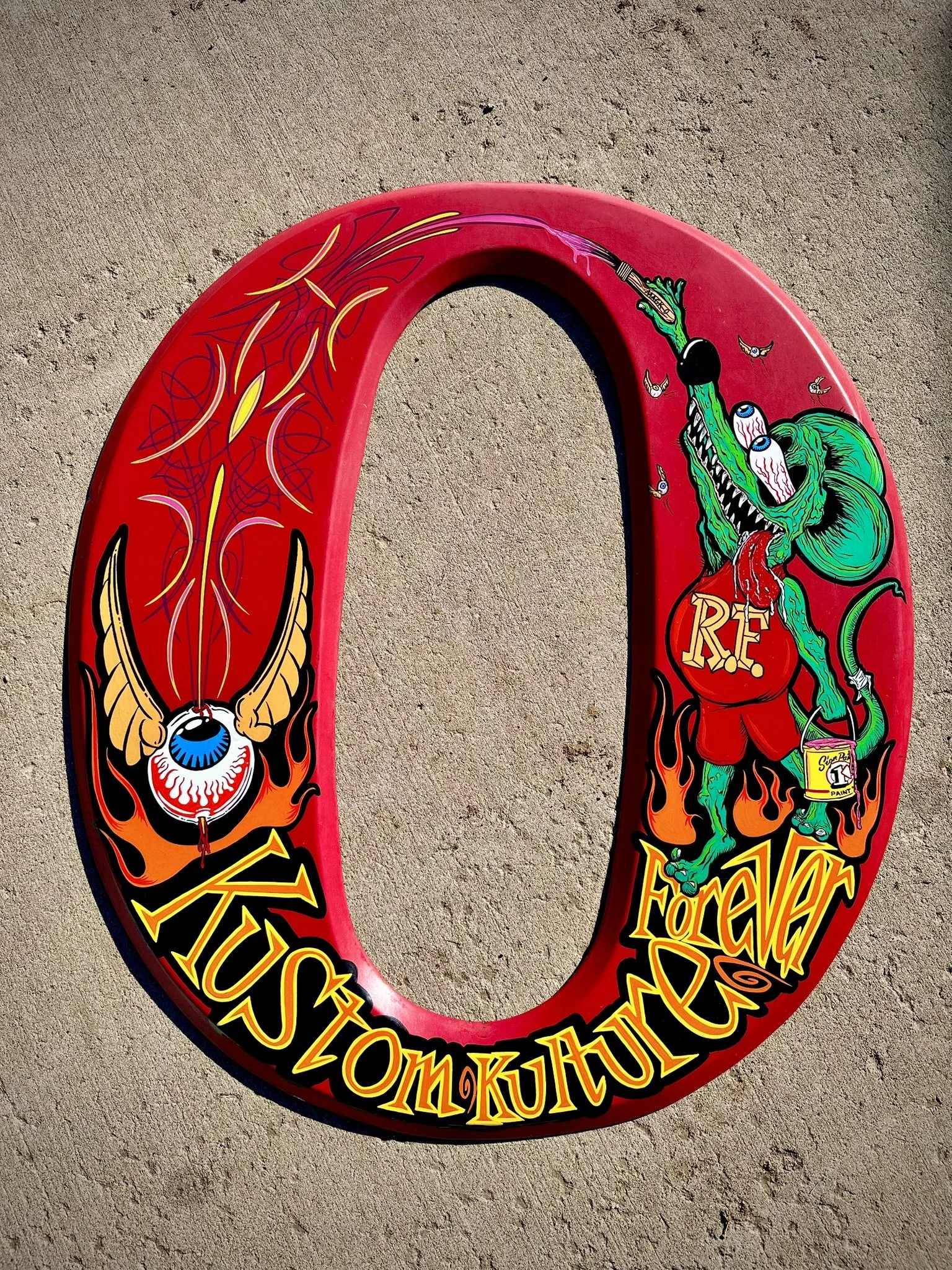 Von Dutch and "Big Daddy" Ed Roth inspired art hand painted by Matt Beckner on vintage porcelain sign letter.