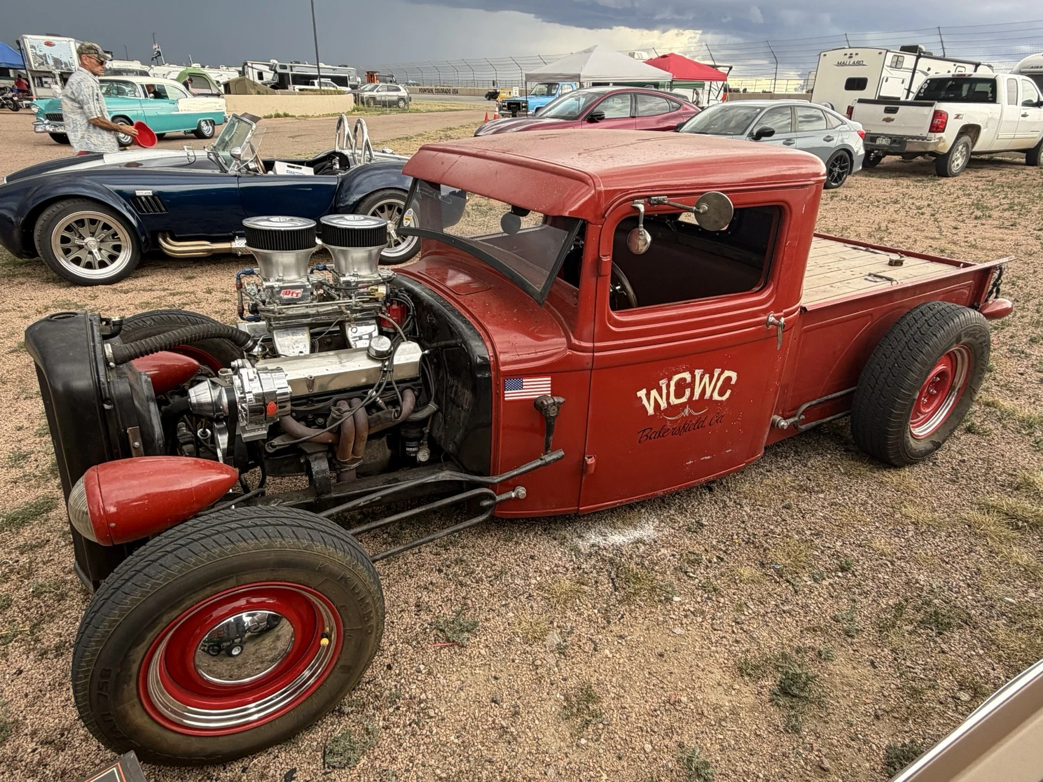 Red hot rod pickup with Ivory aged period door hand lettering:" WCWC - Bakersfield, Ca" painted by Matt Beckner