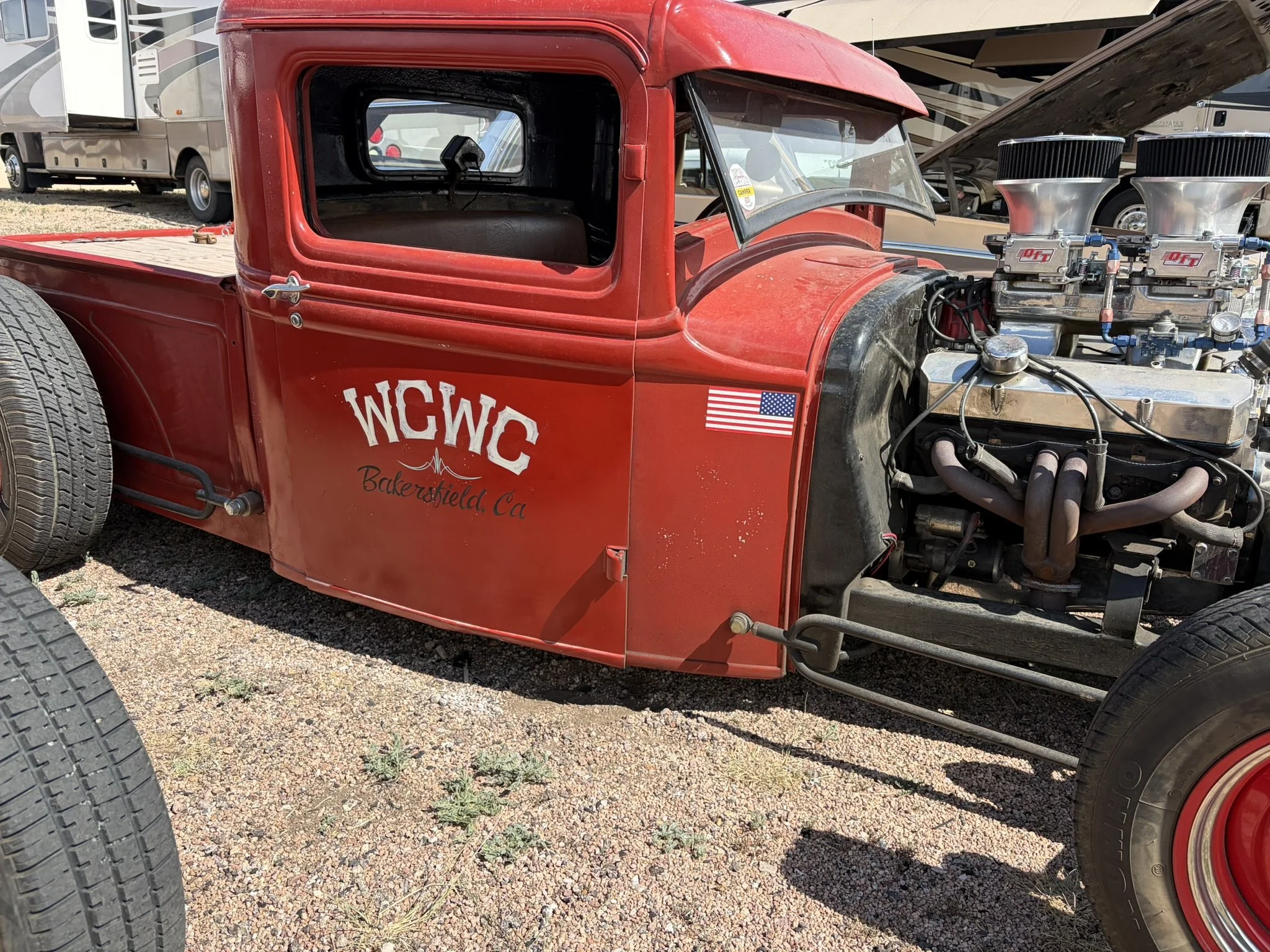Red hot rod pickup with Ivory aged period door hand lettering:" WCWC - Bakersfield, Ca" painted by Matt Beckner