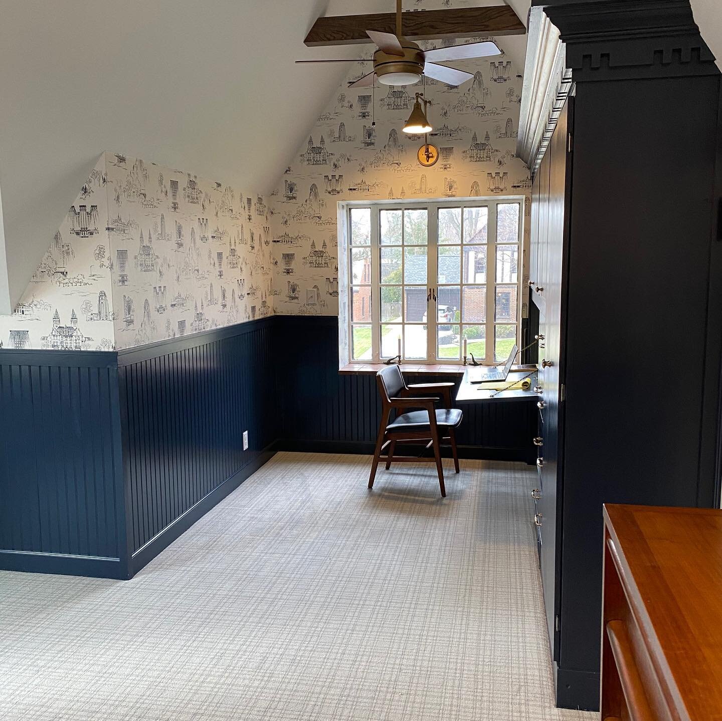 What a treat to be part of such an amazing transformation! We had an unstoppable trio to bring this bedroom back to life: visionary designer, patient and trusting customer, and detail-oriented contractor. #teamwork #vaultedceiling #builtins #wainscot