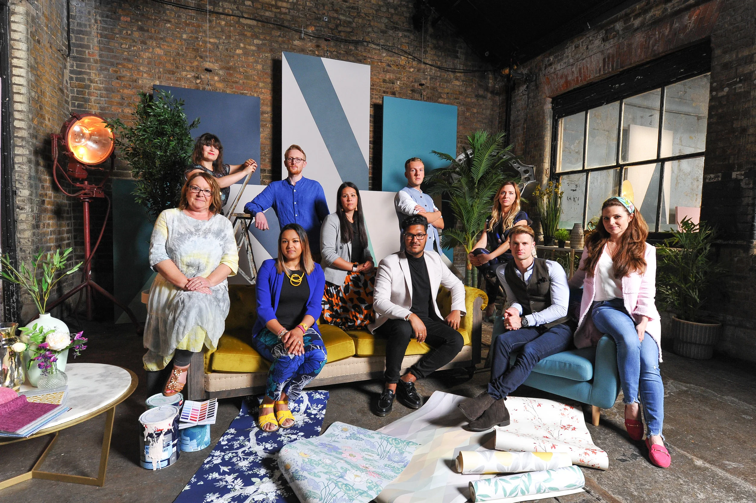 Left to Right - Trish Coggans , Cassie Nicholas, Terian Tilston , Jim Biddulph, Verity Coleman , Jerome Gardener, Frank Newbold, Nicki Bamford-Bowes, Kyle Broughton-Frew , Ju DePaula. Interior Design Masters - Photo by Tom Scott