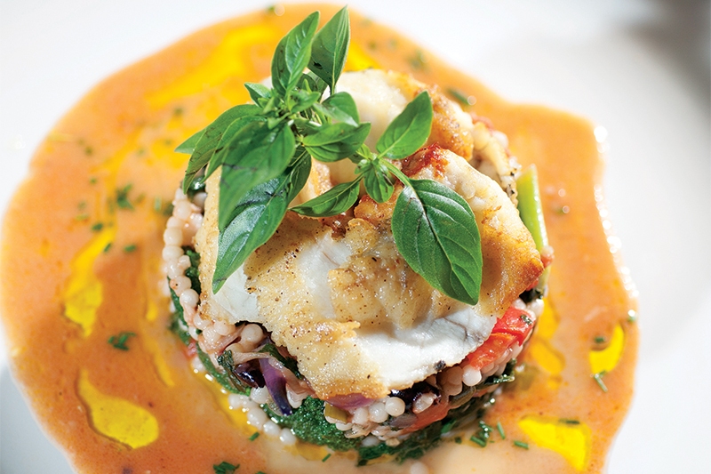 Wild monkfish with broccoli, kale, tomatoes and Israeli couscous