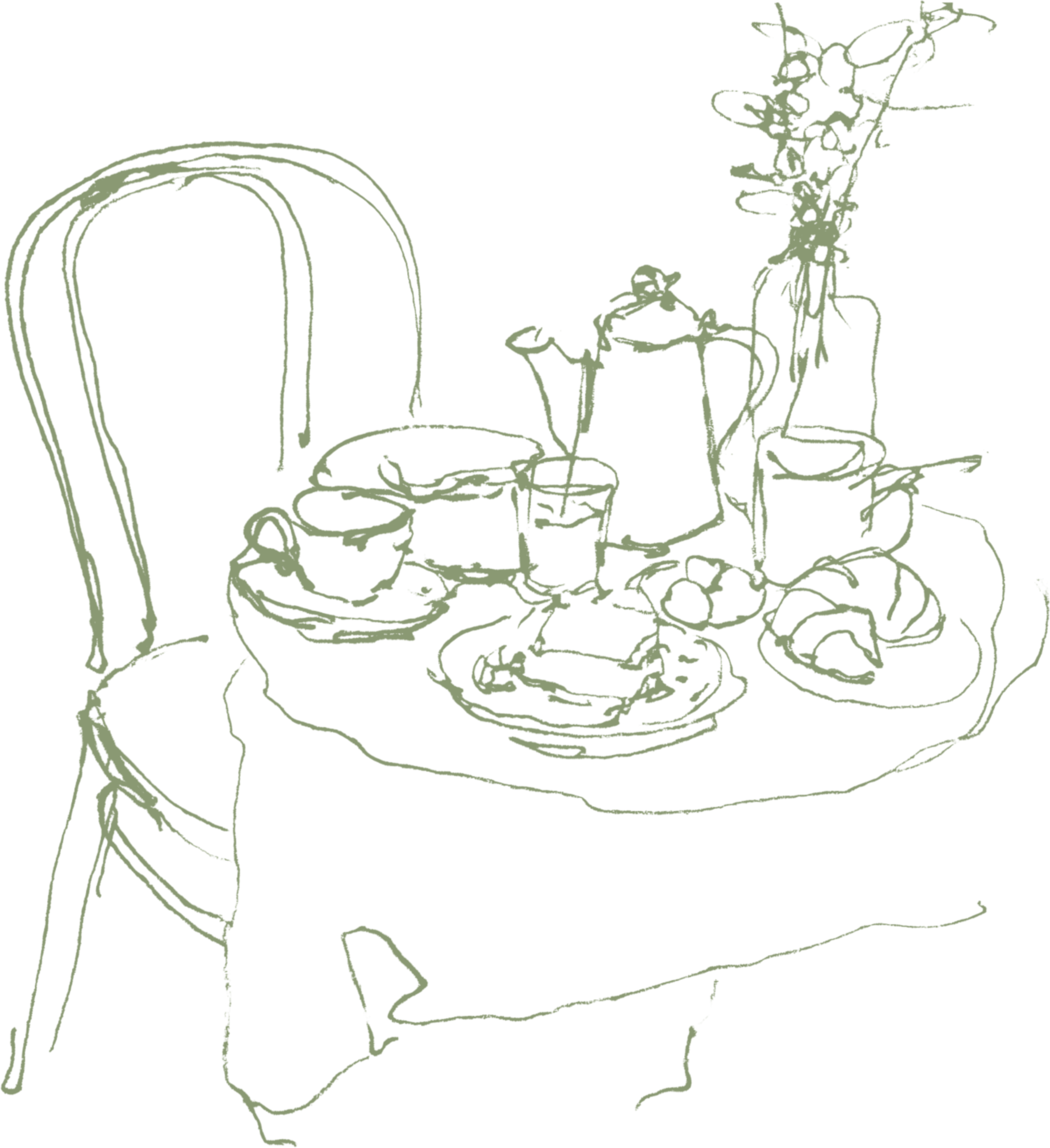 Line illustration of a restaurant table filled with fresh flowers, plates of food, pitcher, and cups.