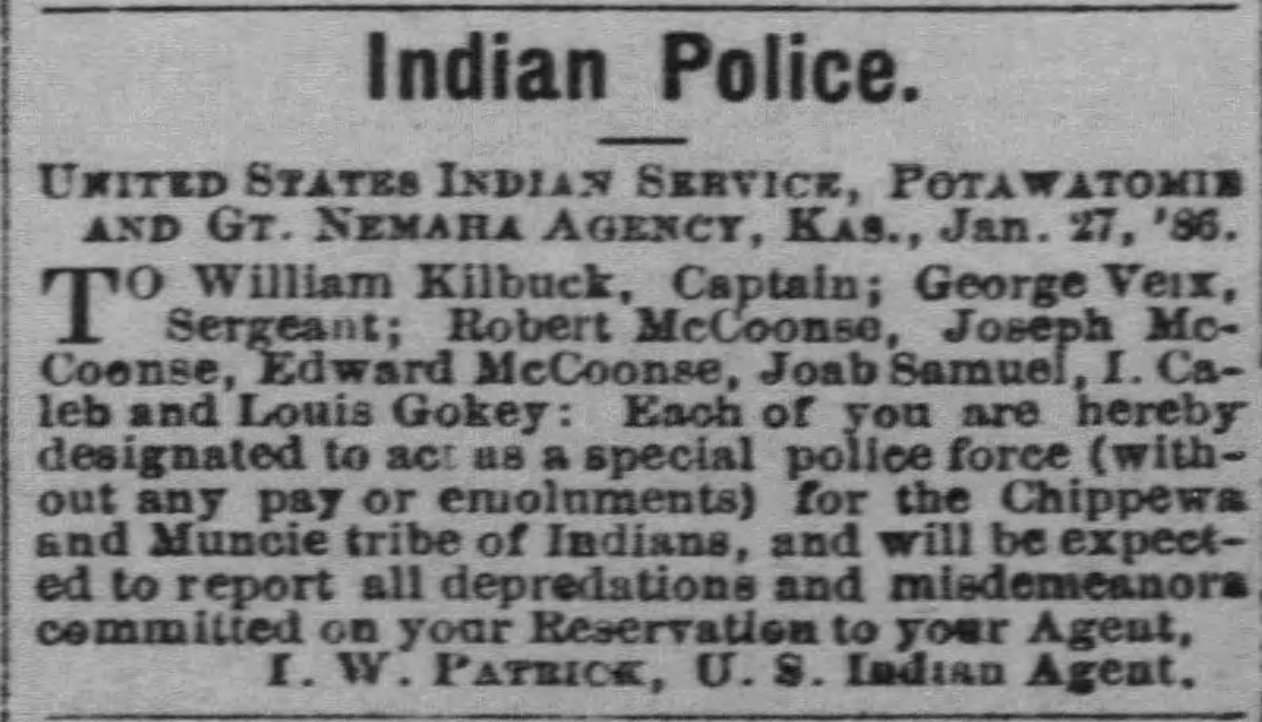 A black and white newspaper clipping about the rankings of Munsee and Chippewa "Indian Police"