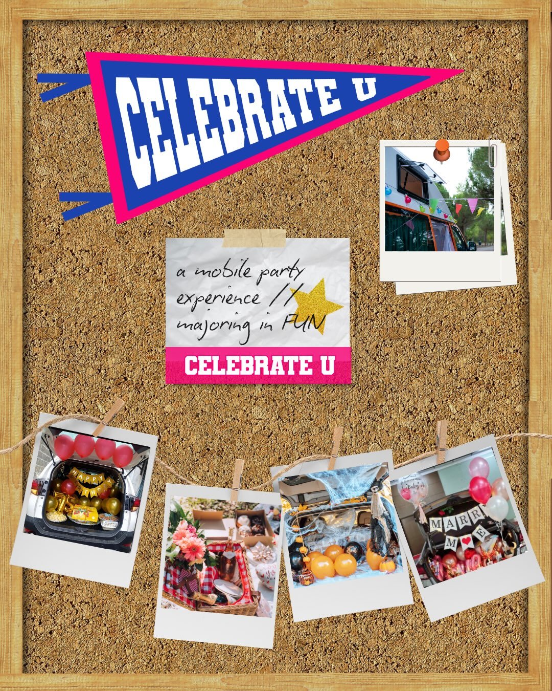⭐️CELEBRATE U⭐️ is live! 🎉
A mobile party experience based in Charleston, SC 💙🩷

What was created:
Full brand from top to bottom. The inspo was collegiate without bending towards any existing colleges ✔️

A website that represented the brand, whil