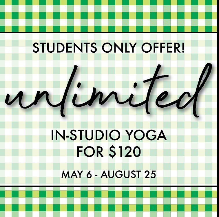 MARK YOUR CALENDARS // Hey students! In need of some summer plans? Look no further. ⬇️

The Toledo Yoga Summer Student Special is back! From May 6th through August 25th, enjoy unlimited access to in-studio yoga for just $120. Let&rsquo;s flow togethe