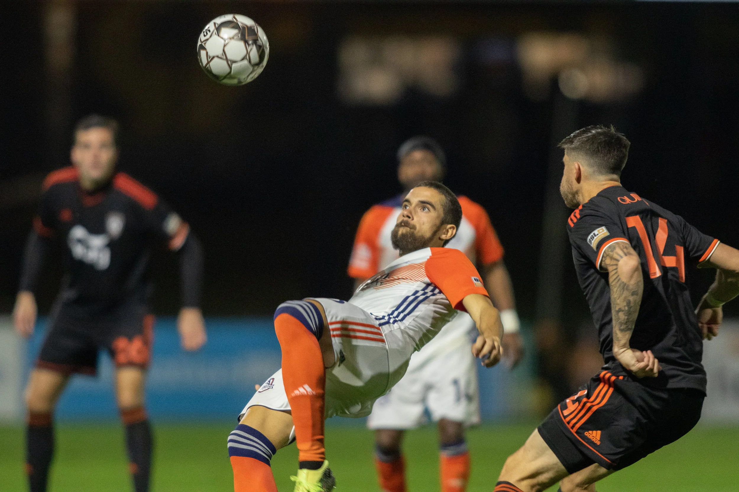 Tulsa Roughnecks FC midfielder Rodrigo da Costa focuses on the ball in Tulsa’s 5-3 victory against Orange County SC | Photo courtesy of Orange County SC