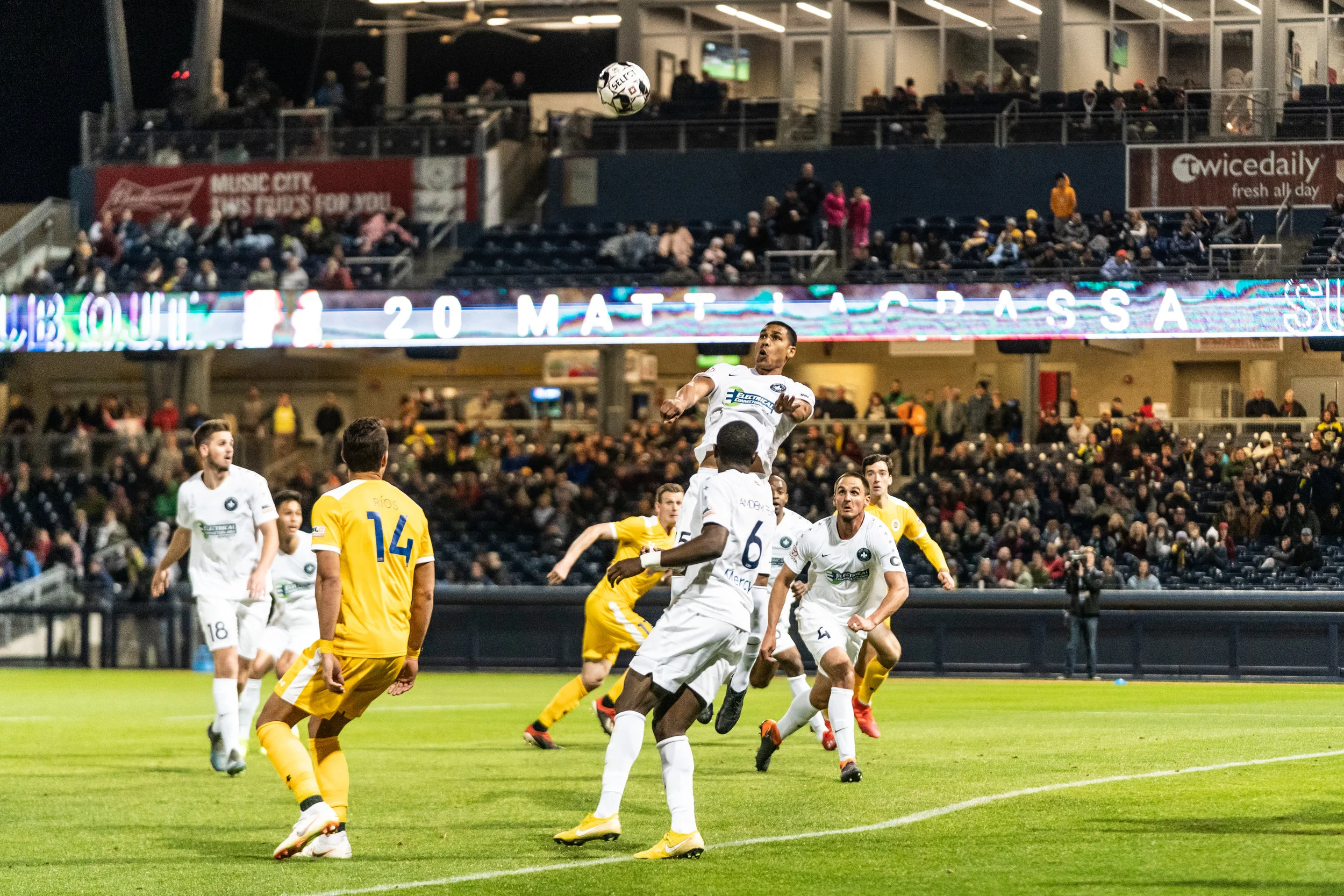 Saint Louis FC defender Sean Reynolds goes high for the header. | Photo courtesy of Saint Louis FC