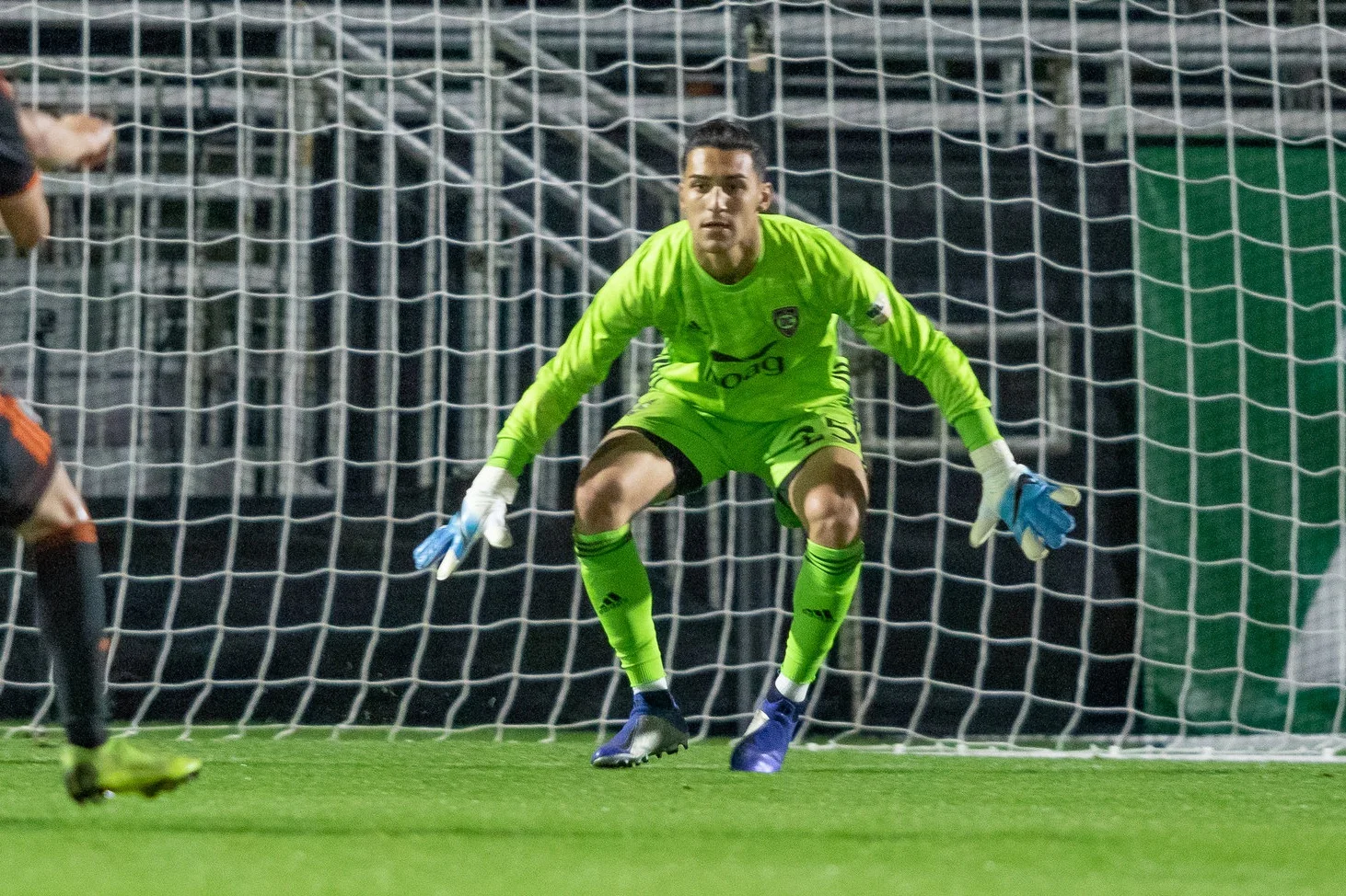 Orange County SC keeper Aaron Cervantes prepares for a save on his professional debut. | Photo courtesy of Orange County SC