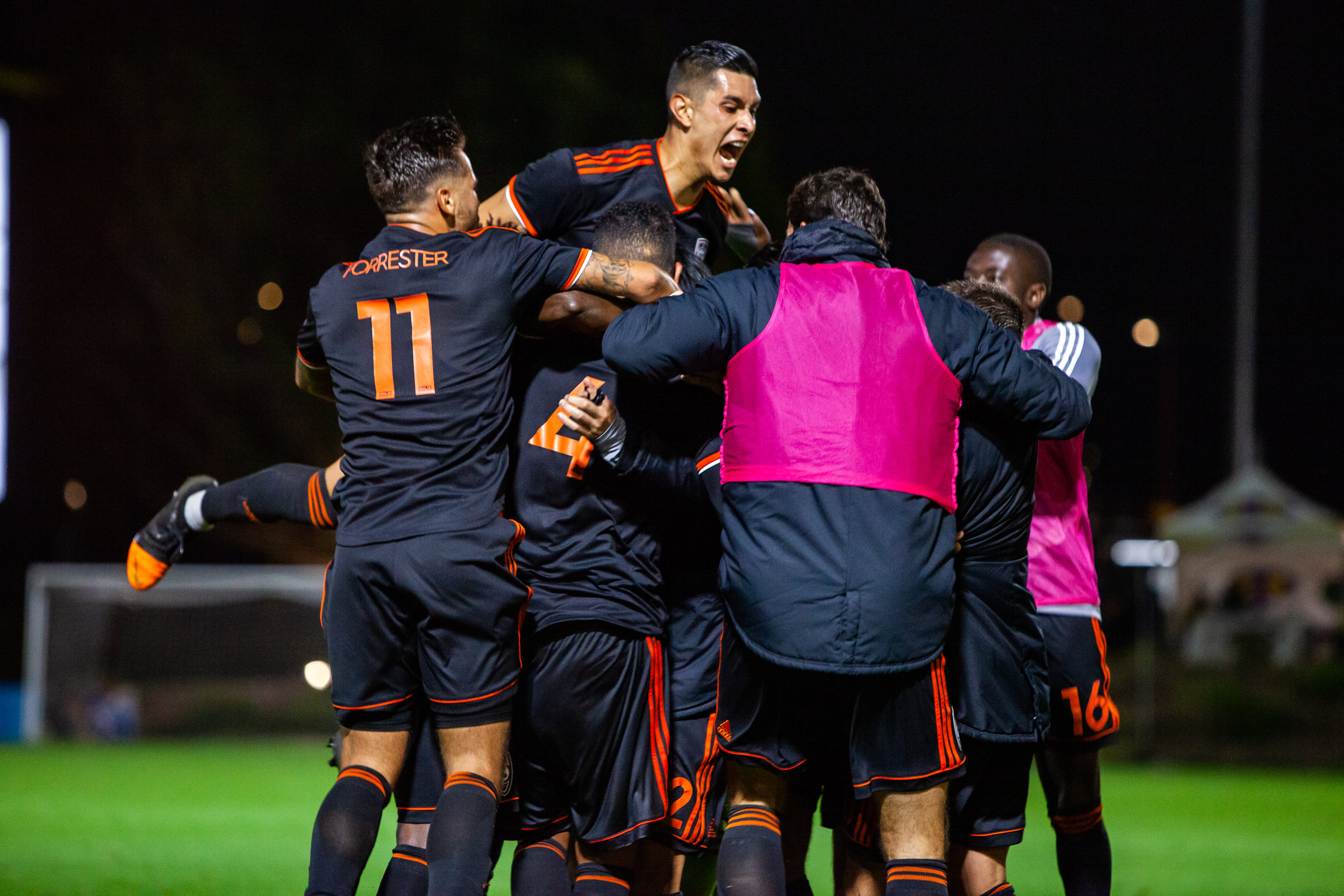 Orange County SC celebrates after scoring an equalizer in stoppage time of their 2-2 draw against New Mexico United | Photo courtesy of Orange County SC