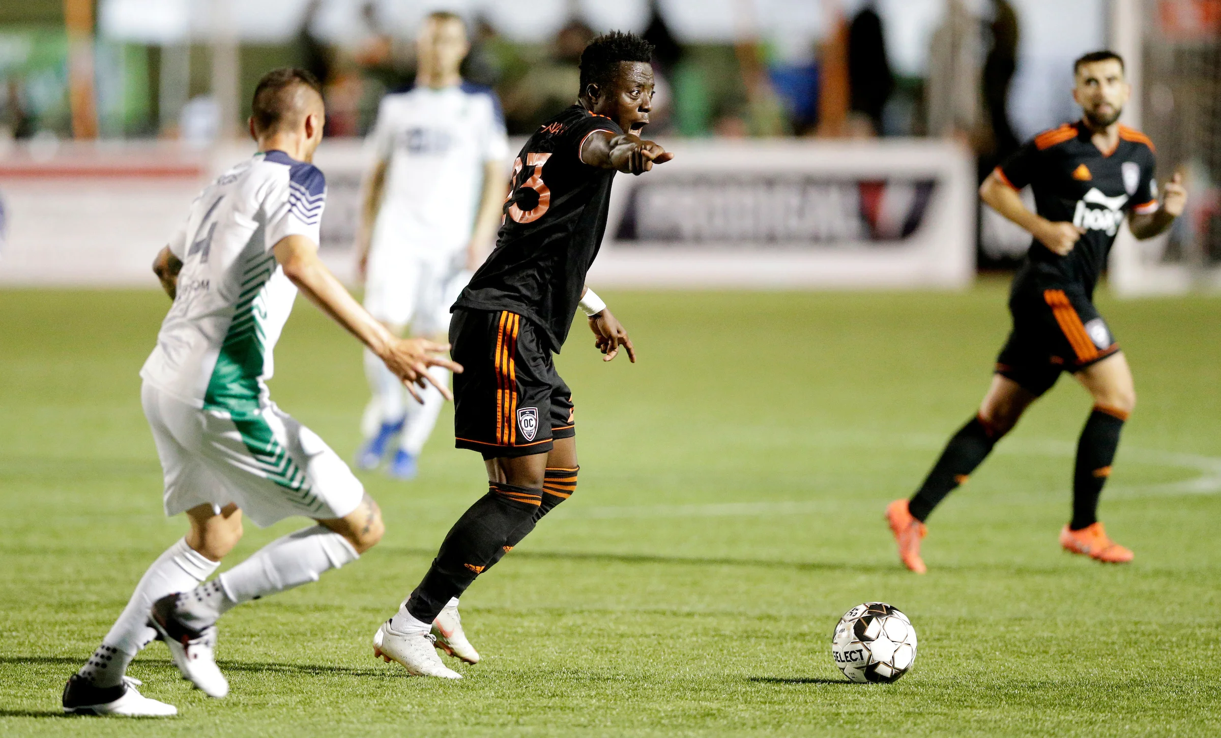 Orange County SC’s Kontor Owasu-Ansah directs traffic in their 1-0 loss to OKC Energy FC | Photo courtesy of OKC Energy FC