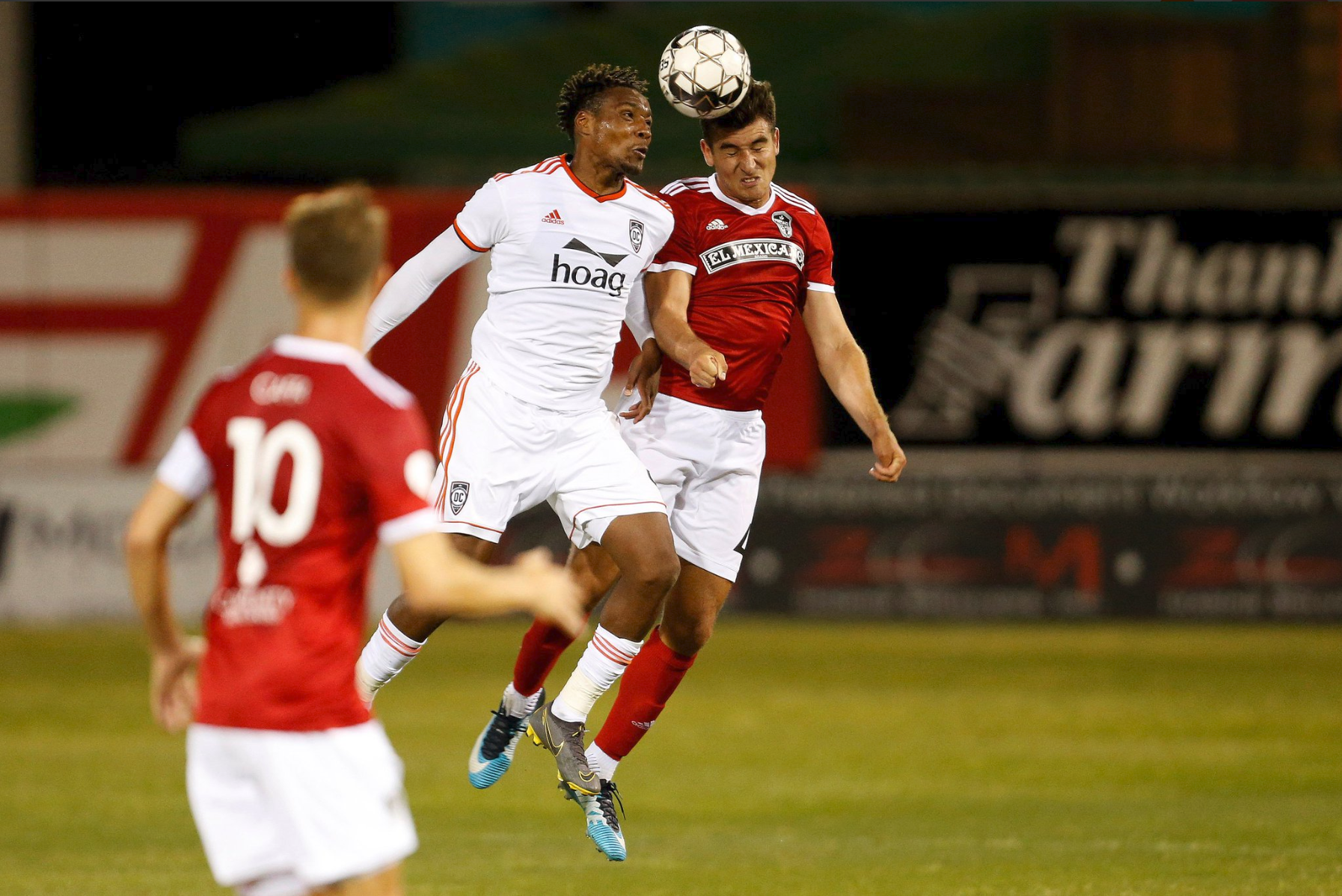 Orange County SC’s Michael Seaton with the header against Fresno FC