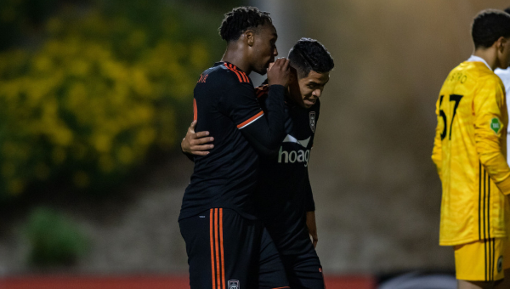 Michael Seaton and Vinicius in good spirits following the latter’s first goal in OC. Photo credit to Orange County SC .