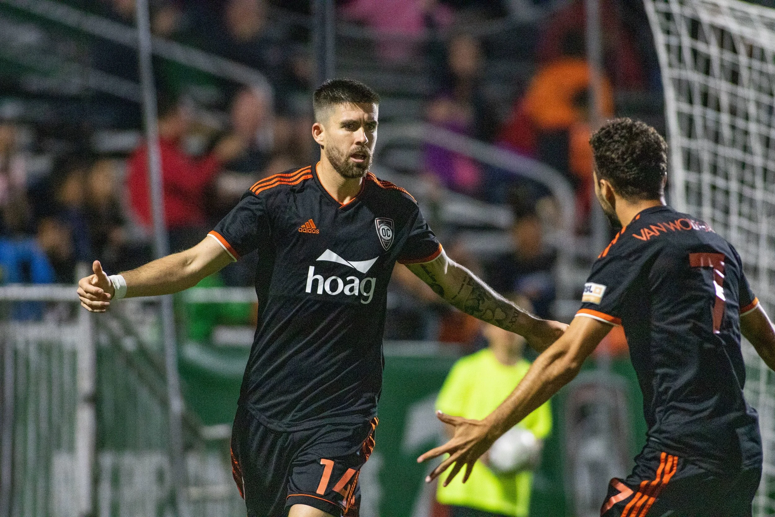 OCSC will be without the services of Aodhan Quinn (left), meaning that other players, like winger Jerry van Wolfgang (right), will be the main attacking outlets. Photo credit: Orange County SC/ Liza Rozales