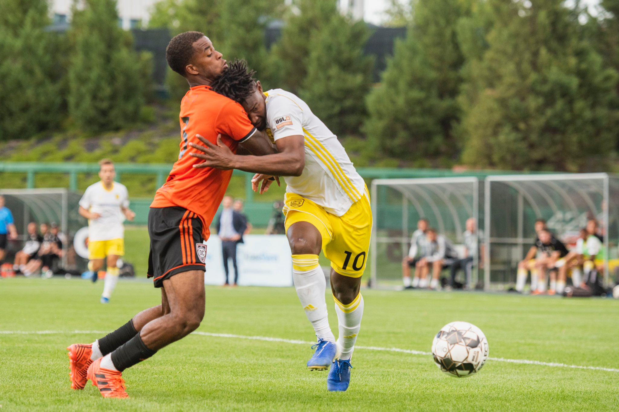 Orange County SC defender Joe Amico battles New Mexico United forward Kevaughn Frater for the ball. | Photo courtesy of New Mexico United