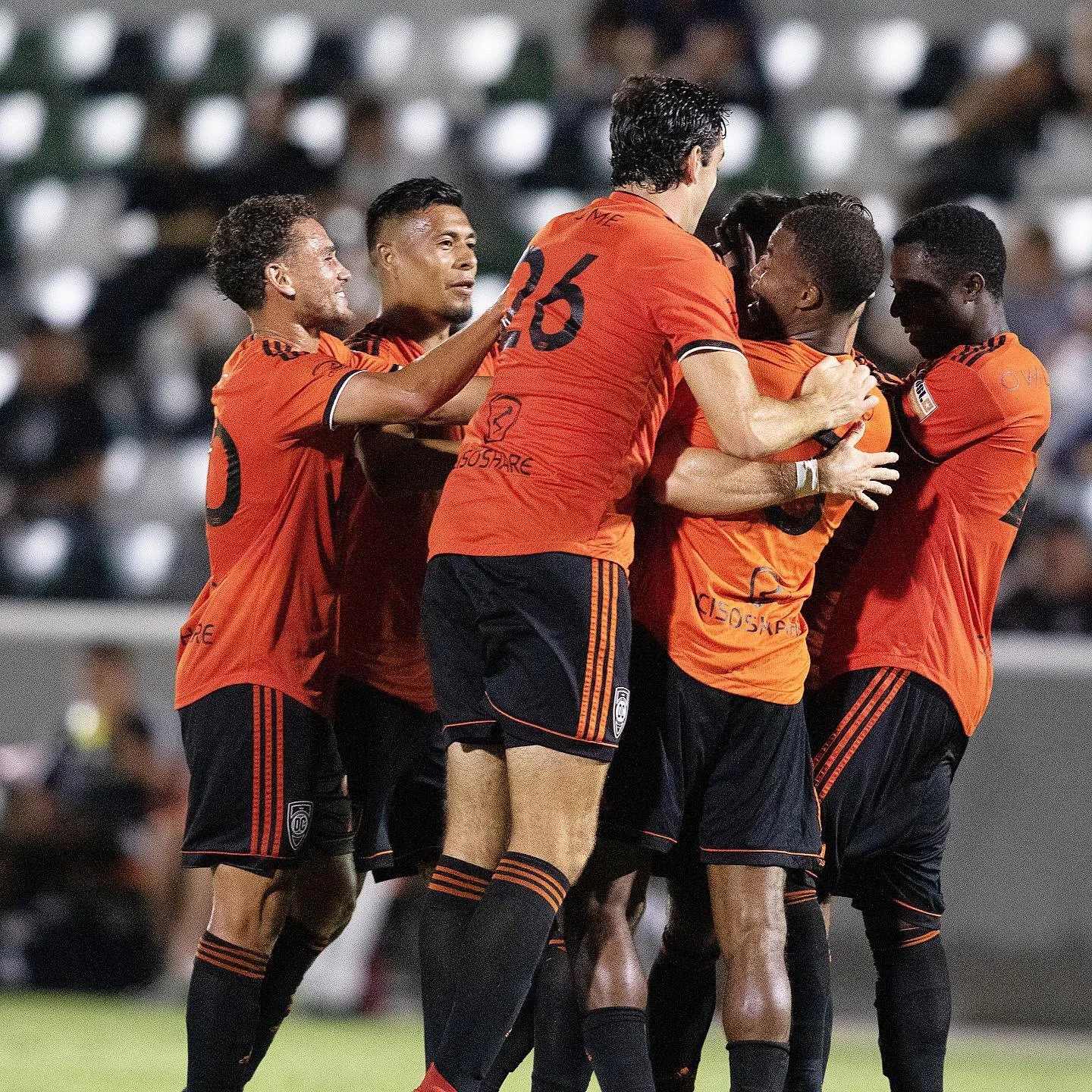 Orange County SC players celebrate after scoring a goal in their 3-1 victory over Real Monarchs on August 24, 2019 at Championship Soccer Stadiium. | Photo courtesy of Orange County SC/Liza Rosales
