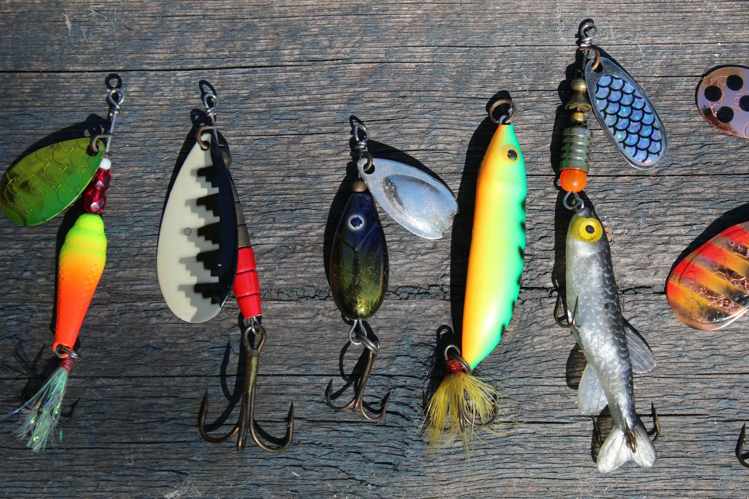 Collection of fishing lures with various colors and shapes laid out on a weathered wooden surface.