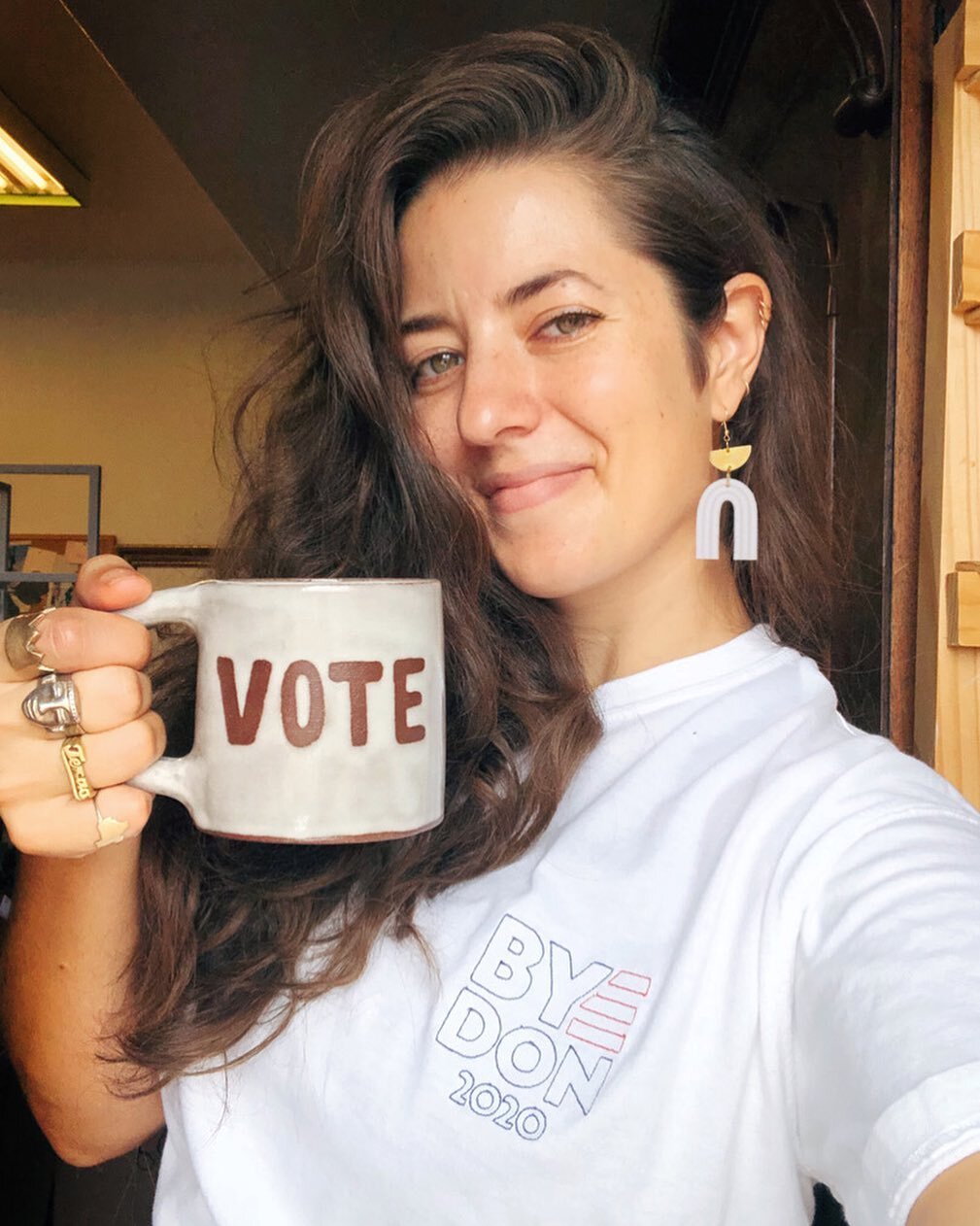 OK PEOPLE THE ELECTION IS 47 DAYS AWAY﻿. Grab my brand new (limited edition!) Vote Mug, put on a @read_receipts vote shirt, and, in the words of @patagonia, let&rsquo;s vote the assholes out. 

**UPDATE: SOLD OUT!! Will try and get some more up soon!