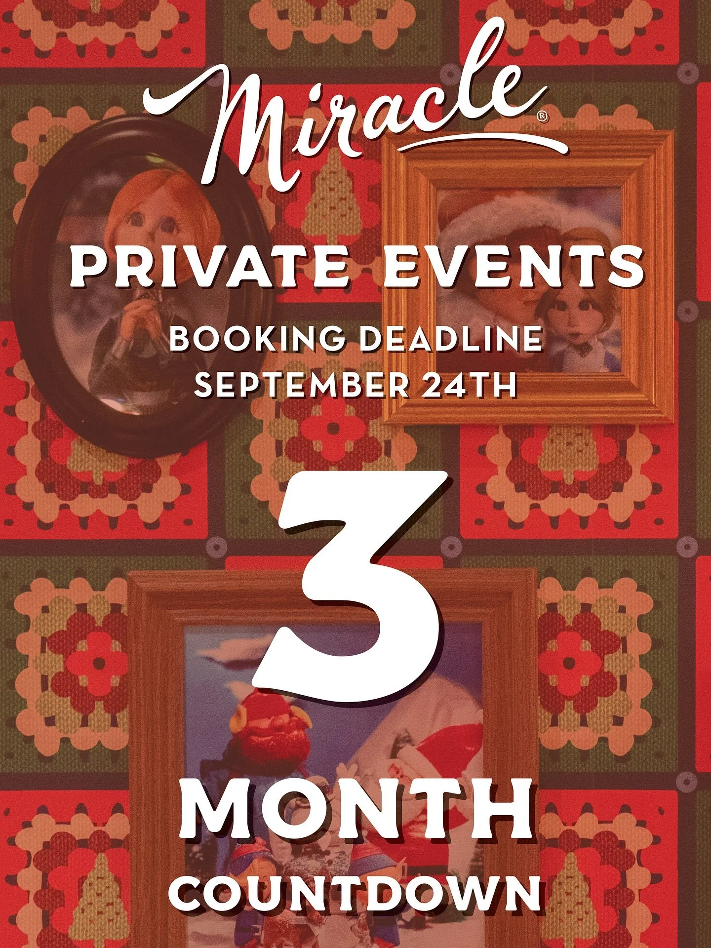 ATTENTION! We’re at the 3 month mark ‘til Miracle and the holiday season are officially in swing! Get ahead of the rest of your friends and book your holiday party before it’s too late!! 
🗓️DEADLINE IS SEPTEMBER 24th!! This is not