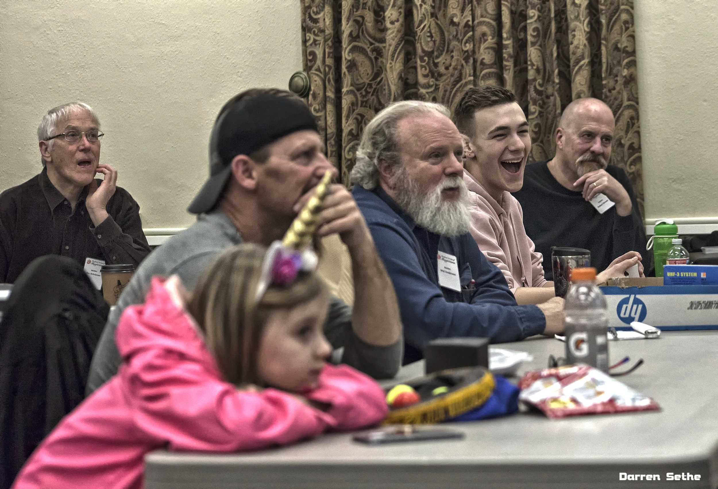 Jim Brinkman, Carey Heim, Mel Anderson, Robert Brown, Gaetan Delatour, and our special unicorn guest all deep in thought…2019. (Photo by Darren Sethe 2019).