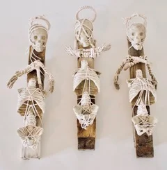 "Three Saints"  Hand-made paper, plastic, encaustic, wood, string Left, 22" x 7’ x 5", Center 23" x 8" x 5", Right, 22" x 6" x 5" ⓒ 2015-2017, Carol Brown, all rights reserved